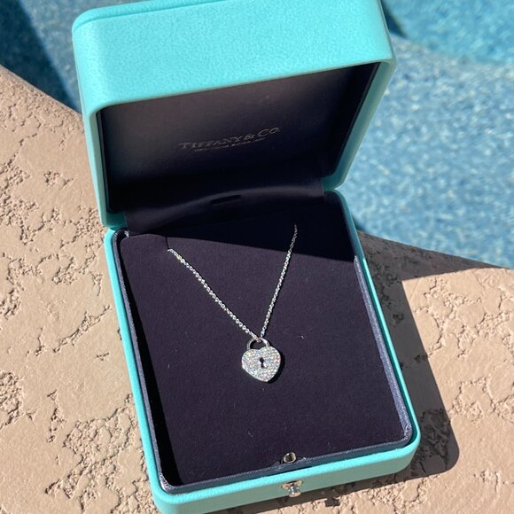 Tiffany & Co. Necklace Platinum Diamond Pave Heart Lock Pendant $4800 Stunning!! - Picture 12 of 14